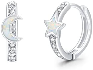 Cubic Zirconia Moon Hoop Earrings with 925 Sterling Silver Design for Women and Teens - Unique Moon and Star Shape