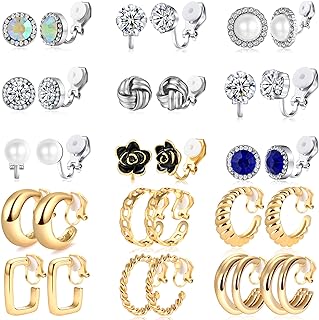 15 Pairs Clip On Earrings for Women Non Pierced Gold Sliver Cute Earrings Crystal Earrings Pearl Earrings Charming Fashion Chunky Hoop Earrings Set Hypoallergenic Gift