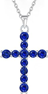 Sapphire Cross Pendant Necklace with Lobster Clasp and Cable Chain for Women, Gemstone Cross Faithful Gift Jewelry for Her, Solid 925 Sterling Silver