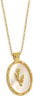 Ball Clasp Dtja Vintage Tulip Pendant Necklace with Embossed Oval Link Chain & Cubic Zirconia for Women & Girls, 18K Gold Plated, s925 Sterling Silver