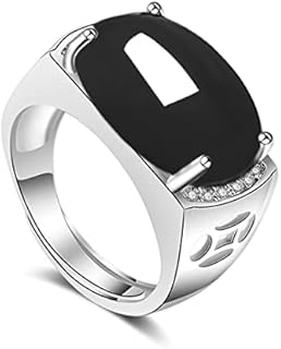 Men's Adjustable Turkish Wedding Ring - Sterling Silver with Natural Agate Onyx Gem - White Gold Plated for Elegant Style - Handmade French Jewelry Ideal for Engagements or Special Occasions