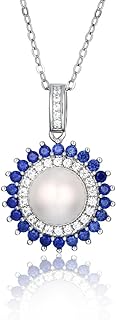 14K White Gold Plated Freshwater Cultured Pearl Pendant Necklace with White & Blue Sapphires for Women, Rolo Chain 16/17/18 Inch, Box Clasp, Sterling Silver, Perfect Gift
