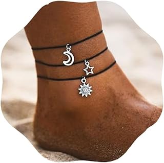 FMR Star Moon Anklets Black Sunflower Multi-Layer Anklet Leather Anklets Boho Ankles Chain Beach Foot Jewelry for Women and Teen Girls
