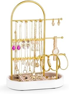 Jewelry Holder, Jewelry Organizer, Jewelry Display Stand with Metal Frame and Wood Velvet Tray, 3 Jewelry Hanging Rods, Necklace Earring Bracelet Holder, for Rings, Gold and White