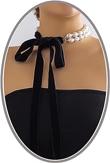 Pearl Velvet Choker Necklace for Women Elegant Boho Pearl Choker Necklace Ribbon Bow Long Black Velvet Choker for Girls Jewelry Gift
