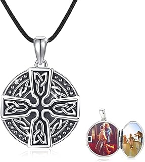 OHAYOO 925 Sterling Silver Cross Celtic Locket Necklace Holds Pictures Customed Cross Oxidized Round Pendant Necklace for Men Women