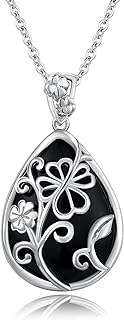 4 Leaf Clover Sterling Silver Necklace with Black Onyx Pendant & Box Chain for Women - St. Patrick's Day Gift Jewelry