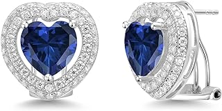 Gem Stone King 925 Sterling Silver Blue Simulated Sapphire and White Moissanite Post Clip Earrings For Women (9.85 Cttw, Heart Shape 10MM)