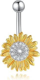Sunflower Belly Button Ring Dangle 925 Sterling Silver Hypoallergenic Belly Button Piercing Body Navel Rings Sexy Belly Button Jewelry Gifts for Women Girls (14G)