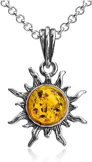 Amber Sterling Silver Flaming Sun Pendant Necklace 18 Inches