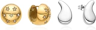 Crystal-Embellished Stainless Steel Stud Drop Earrings with Dual Design for Chic Lovers, Teardrop and Starburst Pair Set
