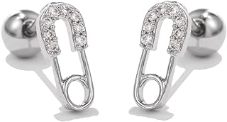18g Safety Pin CZ Cute Tiny Small Stud Earrings for Women Teen Girls Little Girls Sensitive Ear Sterling Silver Plated Minimalist Simple Cartilage Tragus Piercing Post Pin Mini Screw Back