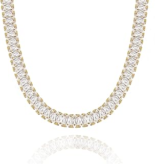 KissYan Diamond Tennis Necklace for Women, 14K/White Gold Plated Cubic Zirconia Baguette Tennis Chain Chunky Paperclip Link Cuban Choker Necklace Dainty Jewelry Gifts