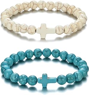 8mm Beads Cross Bracelets for Women Men Natural Stone Elastic Stretch Prayer Bracelet for Boy Girls Friendship Cross Gifts