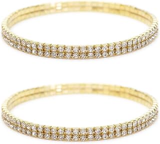 Shuning Sexy Anklets for Women Crystal Rhinestone Stretch Tennis Ankle Elastic Bracelet (2Pcs Gold)