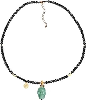 Lobster Clasp Green Aventurine Skull and Black Obsidian Bead Necklace, Rolo Chain, For Women, Skull/Evil Eye Design