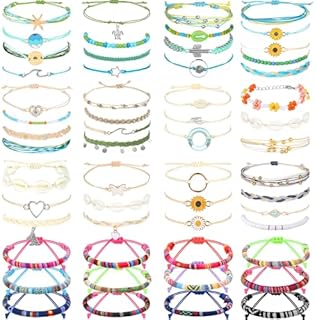 EBOOT 57 Pieces Surfer Strand Wave Bracelet Braided Stretch Friendship Woven Rope Bracelets Adjustable Waterproof Handmade Wax Wrap Bracelet Anklet for Girls Women