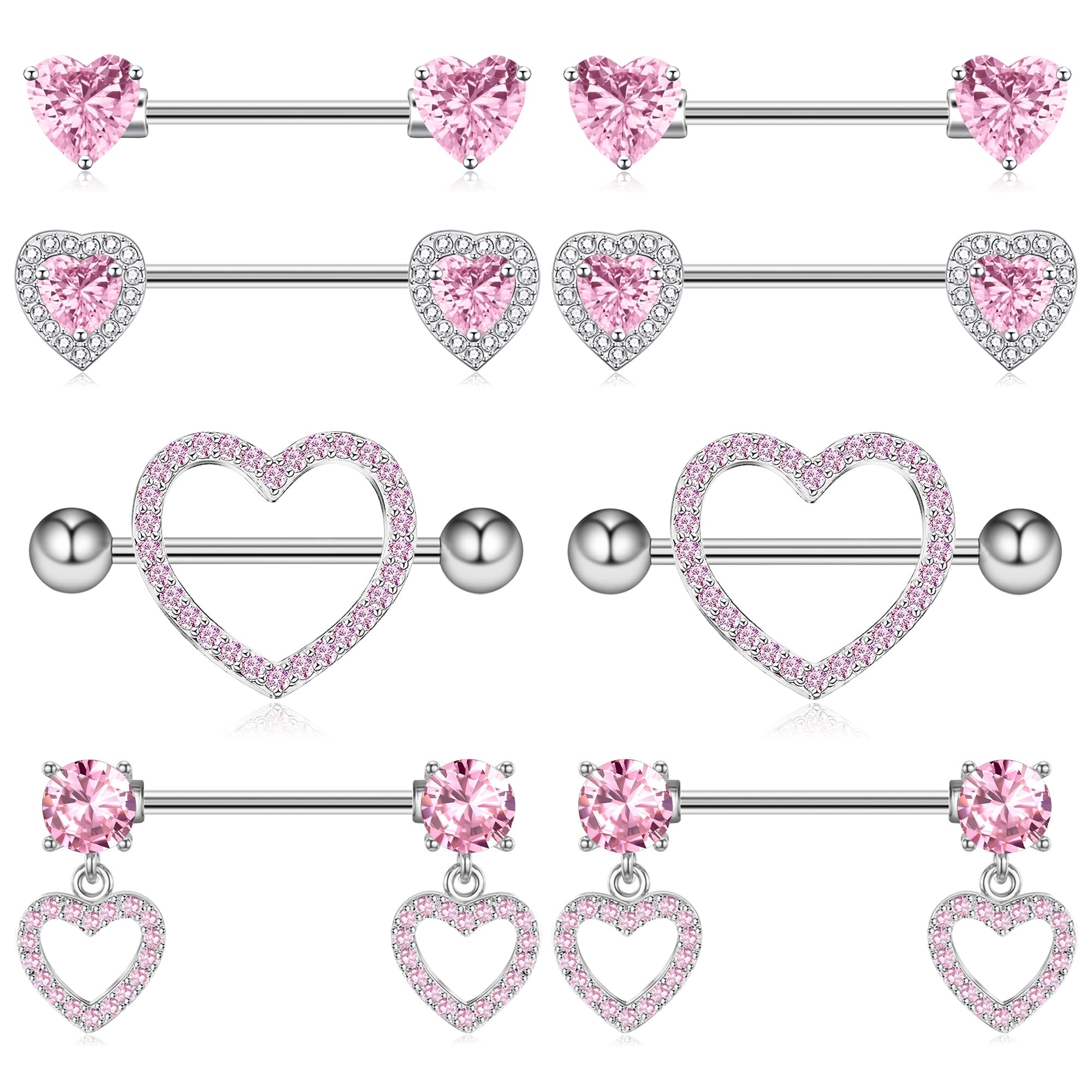 Nipple Ring and Belly Button Ring Set 14G Stainless Steel Sparkly Pink CZ Heart Bar Barbell Nipple Belly Piercing Body Jewelry