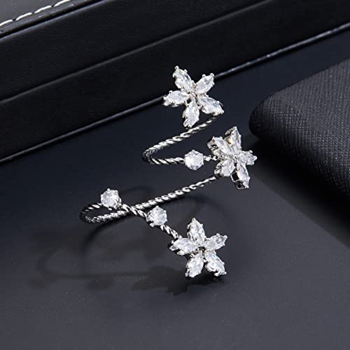 Two-Finger Statement Ring for Women, Fashion CZ Crystal Finger Adjustable Rings Cocktail Open Ring Leaf Wedding Party Prom Accessory Jewelry Gifts for Her