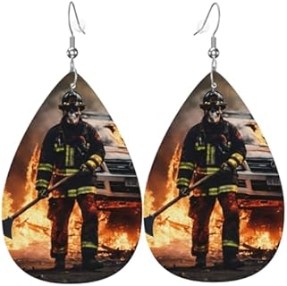 Distinct Fireman Flame Print Teardrop Leather Earrings in Silver for Women and Teen Girls - Unique Design