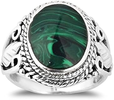 AeraVida Vintage Inspired Round Green Malachite Nature .925 Sterling Silver Ring | Malachite Ring for Women | Ring Size 7 to 11 Silver Ring | Sterling Silver Malachite Ring