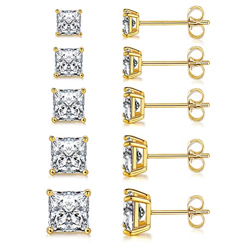 18K White Gold/Yellow Gold/Rose Gold Plated Princess Cut Square Clear Cubic Zirconia Stud Earring Pack of 5 Pairs