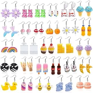 28 Pairs Weird Cute Earrings Funny Kawaii Indie Funky Earrings Including Gummy Bear Water Bottle Food Mushroom Boba Tea Earrings Goldfish Flowers Dangle Earrings for Girls Women