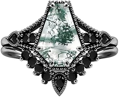 Vintage 10K/14K/18K Gold Moss Agate Engagement Ring with Sterling Silver for Women's Wedding Set in a Unique Leaf Design