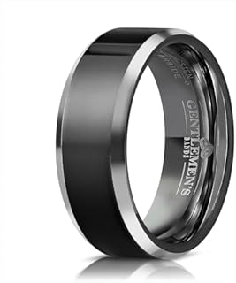 Men's Black Tungsten Carbide Wedding Band with Sleek Whiskey Barrel Wood Inlay and Guitar String Design, Includes Silicon Band & Luxury Walnut Box