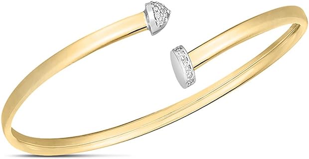 14k Yellow Gold Diamond Open Cuff Stackable Bangle Bracelet with Unique Hardware Bar Design for Women