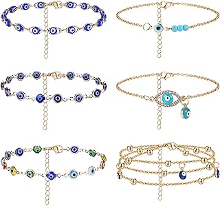 Lobster Claw Clasp Evil Eye Anklet with Cable Chain, Cubic Zirconia Gem for Women, Designed by FIBO STEEL - 6Pcs 14K Gold Plated Beach Jewelry Gifts