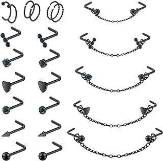 20G Nose Rings Studs with Chain Piercing Across Double Nose Stud Nose Hoop Spike Heart Ball CZ Surgical Steel Nostril Piercing Jewelry for Women Men, Black
