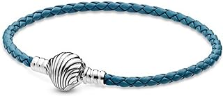 Pandora Seashell Clasp Turquoise Braided Leather Bracelet 925 Sterling Silver Charm Bracelet