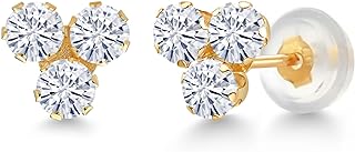 14K Yellow Gold White Moissanite from Charles & Colvard Trio 3 Stone Stud Earrings For Women (0.60 Cttw, Round 3MM)