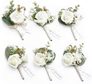 Ling's Moment Ivory & Greenery Eucalyptus Boutonniere for Men Wedding with Pins, Set of 6, Groom and Groomsmen Boutonniere for Wedding Ceremony Anniversary, Dinner Party, Prom Flowers