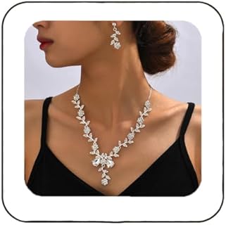Unicra Silver Bridal Set with Crystal-Studded Necklace and Earrings, Featuring Lobster Clasp - Ideal for Weddings, Proms, and Special Occasions