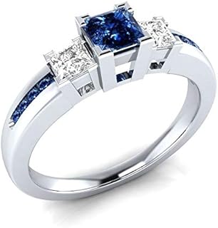 Montana Sapphire Wedding Ring with Cubic Zirconia for Women in Square Design, AZQ 925 Sterling Silver 3-Stone Rainbow Eternity Engagement Band