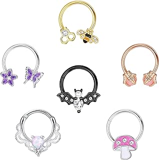 Drperfect Set of 6 Septum Rings in 316L Stainless Steel featuring Cute Butterfly, Bee Designs and Cubic-Zirconia Gems - Versatile Nose Rings for Women, Hypoallergenic and Suitable for Septum, Daith, Rook, Helix Piercings