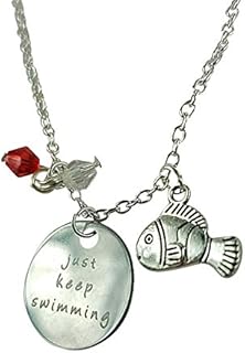 Art Attack Just Keep Swimming Chain Necklace, Fish Red Beaded Inspiration Bag Charm Pendant (Silver)