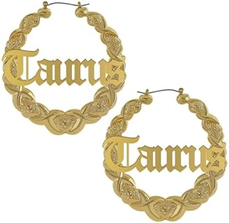 Zodiac Bamboo Hoop Earrings with Old English Font for Women Girls Astrology Earrings Fashion Jewelry 14K Gold Plated 90's Earrings for Women Hip Hop Style Party Accessory