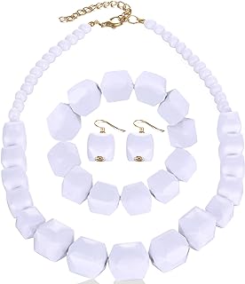 Halawly White Beads Necklace, Acrylic Costume Jewelry for Women Girls Chunky Statement Strand Necklaces with Bracelet Dangle Earrings, Big African Beaded Necklace