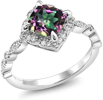 Gem Stone King 925 Sterling Silver Green Mystic Topaz and Moissanite Engagement Ring | 2.04 Cttw | Cushion Cut 7MM | Wedding Anniversary Promise Ring For Women | Available in Size 5-9