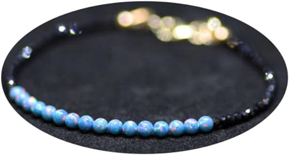 Gold-Plated Brass Clasp with Black Spinel & Teal Blue Opal Beaded Link Bracelet - Unisex Round Mixed Cut Natural Gemstone Accent – Apt for Both Men & Women, 7-Inch Adjustable