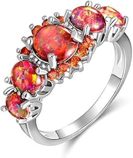 CiNily Rhodium Plated Created Orange/White Fire Opal Orange Garnet Women Jewelry Gemstone Ring Size 5-12