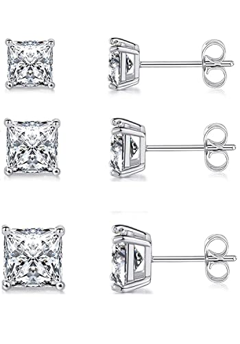 Princess Cut Moissanite Stud Earrings Set, S925 Sterling Silver Square Moissanite Diamond Stud Earrings Pack of 3 for Women Men 3-5mm