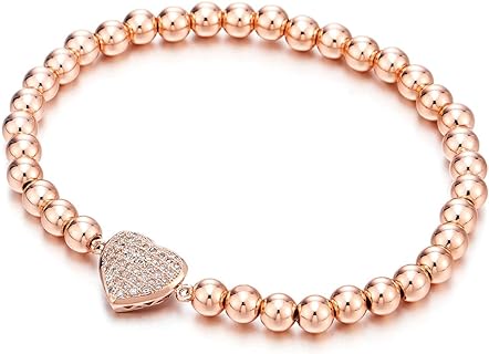 COOLSTEELANDBEYOND Rose Gold Beads Link Charm Bracelet for Women with Cubic Zirconia Heart Charm, Polished