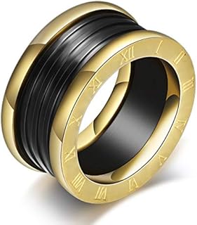 Stylish MYNENEY Roman Wedding Rings - Unisex 11mm Gold/Black Band Ring with Goldstone Gem - Durable Stainless Steel Design, Sizes 6-12