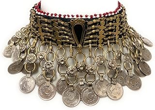 Kuchi Afghan Women's Oxidized Vintage Coin Choker Necklace with Choker Chain and Cord Clasp - Multicolor Handmade Bohemian Jewelry