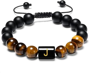Men's Personalized Initial 10mm Natural Black Matte Agate and Tiger Eye Bead Bracelet with Durable Zinc Metal and Braided Chain Design