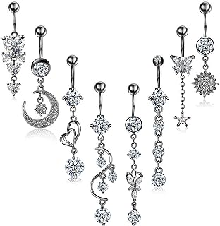 Hicarer 8 Pieces 14G Belly Button Rings Steel Long Dangle Navel Ring CZ Body Piercing Jewelry